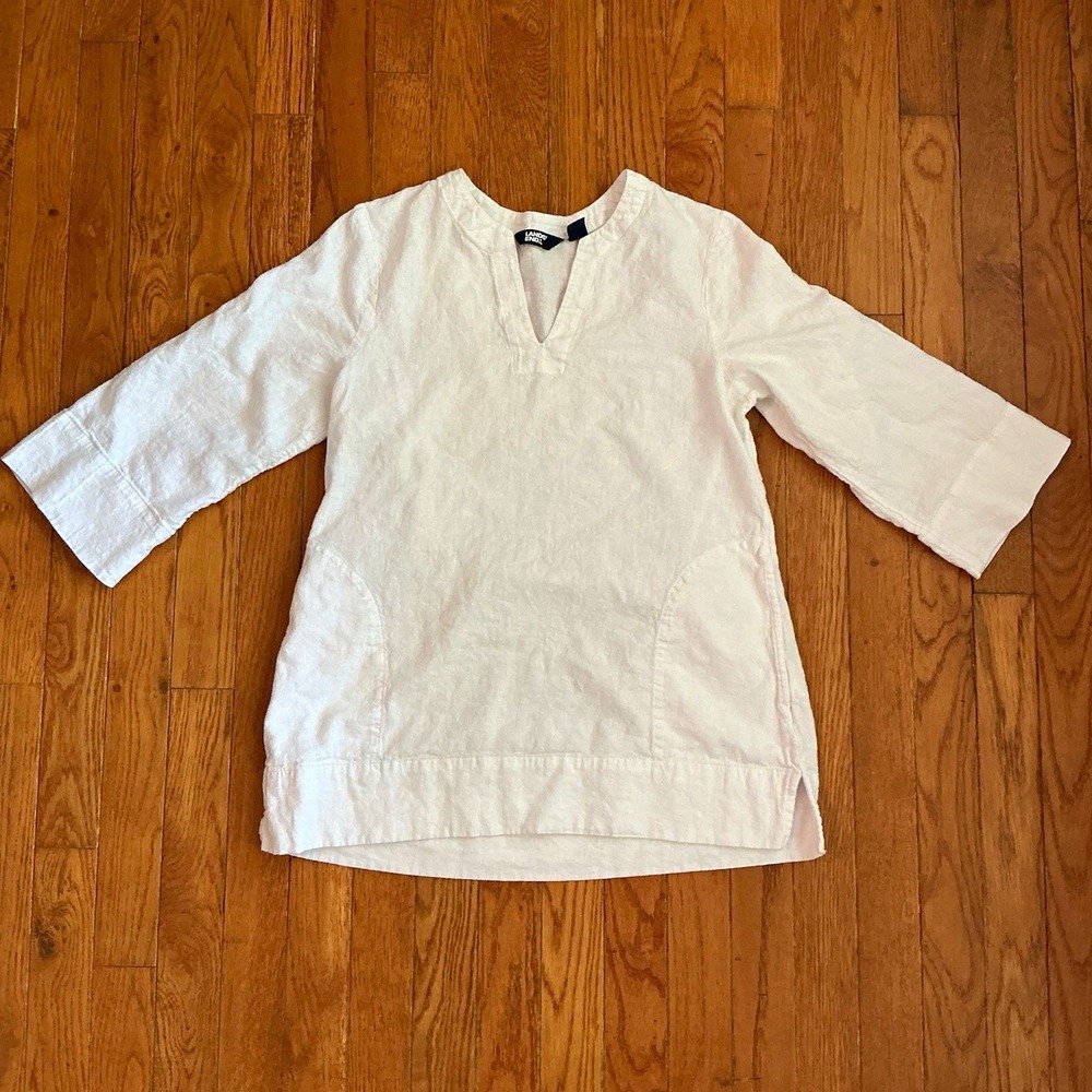 Lands' End Womens XS White Linen V-Neck 3/4 Sleeve Tunic Top Pocket